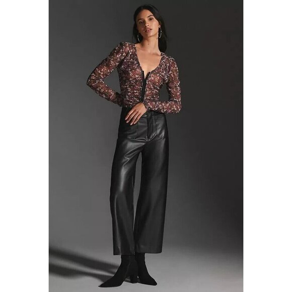 NWT Anthropologie Colette Cropped Wide-Leg Faux Leather Pants 32 Black - Picture 2 of 10